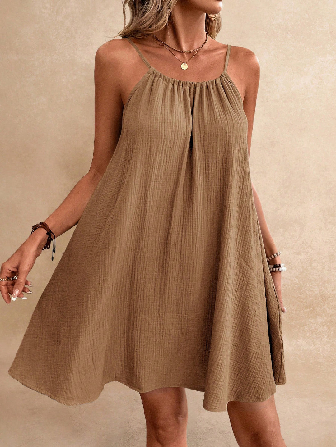 Damen Lockeres Baumwoll‑Gauze‑Trägerkleid mit gerafftem Ausschnitt und A‑Linien‑Silhouette Drune