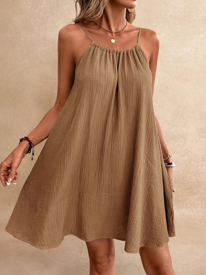 Damen Lockeres Baumwoll‑Gauze‑Trägerkleid mit gerafftem Ausschnitt und A‑Linien‑Silhouette Drune