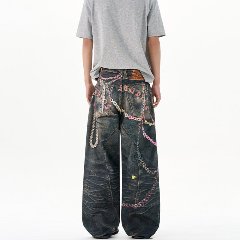 Herren Baggy-Denim-Jeans mit handbemaltem Kettenprint und Applikationen Drune