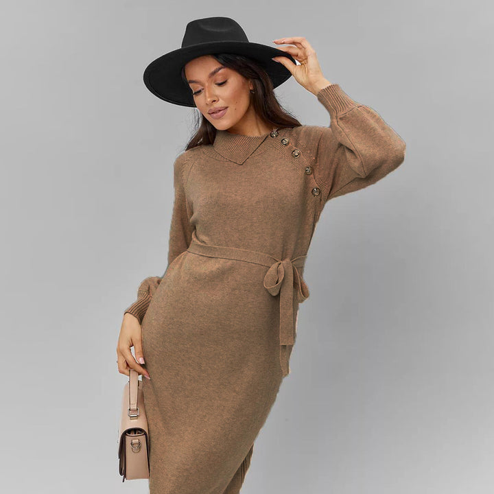 Damen Strickkleid mit Gürtel und Knopfdetails Drune
