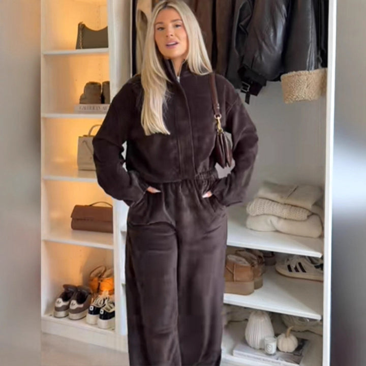 Damen Samt-Relax-Set mit Reißverschluss-Jacke, Stehkragen & High‑Waist Weitbein‑Hose Drune