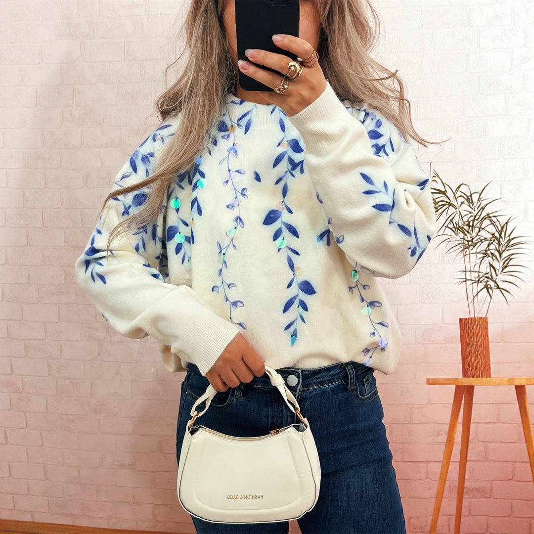 Damen kuscheliger Oversized-Pullover mit floralem Applikationsdesign Drune