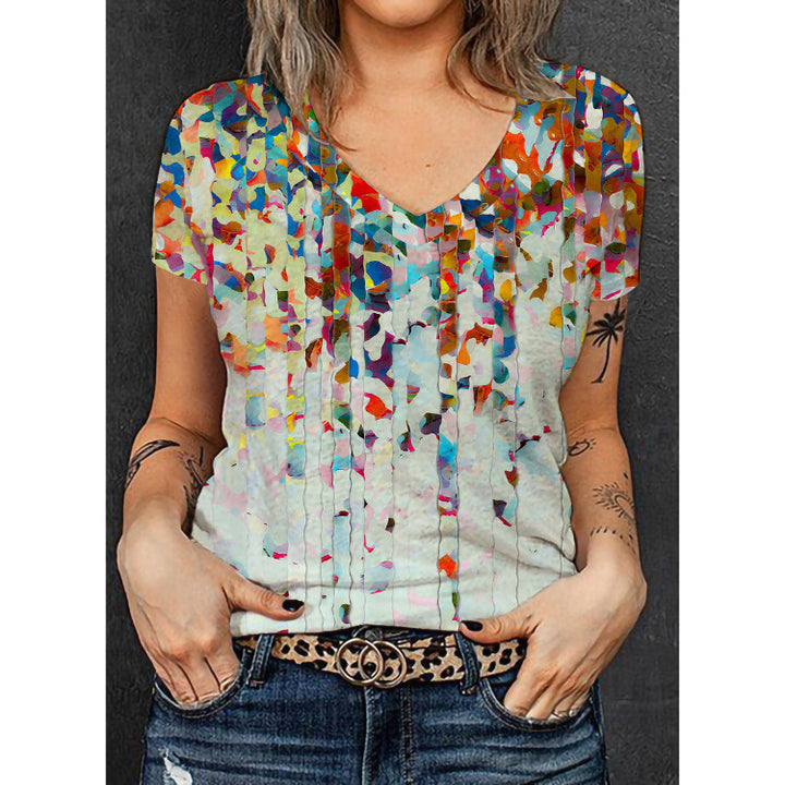 Damen V-Ausschnitt T-Shirt mit floralem Muster und Glitzerakzenten Drune