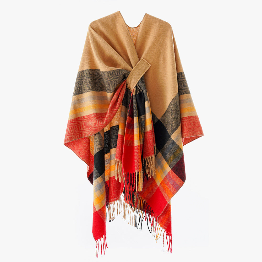 Damen Cape-Umhang aus Wollmix mit Bindegürtel und Karodessin Drune