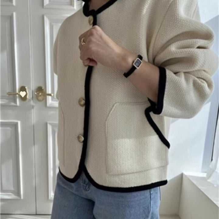 Damen Cardigan mit dekorativen Knöpfen und farblich abgesetztem Kragen Drune