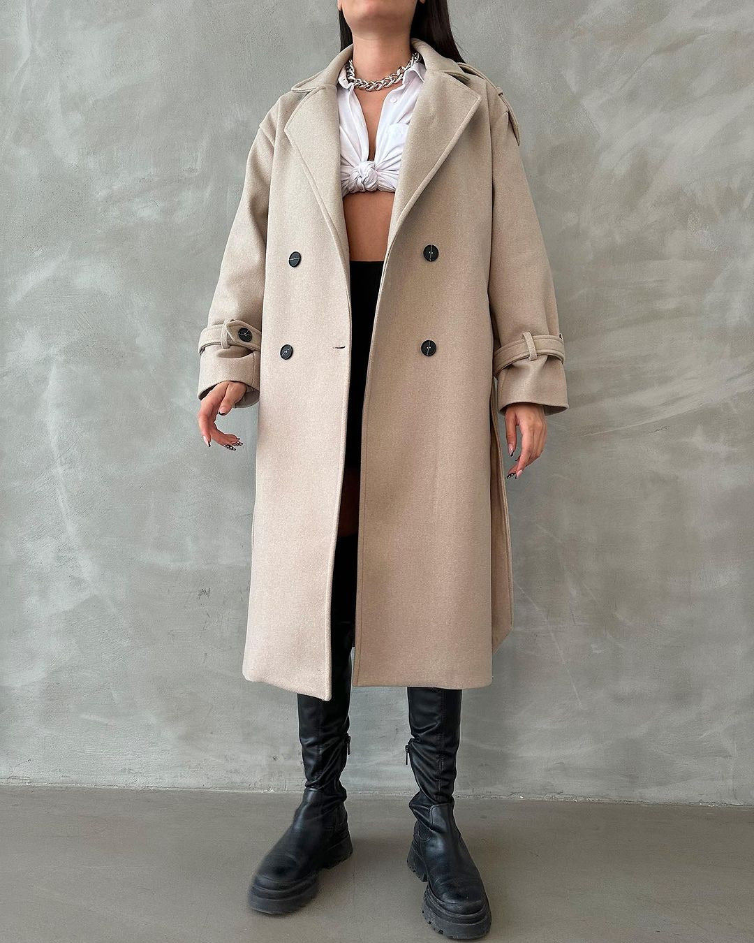 Damen Oversize Wollmix-Mantel mit doppelreihiger Knopfleiste und Taillengürtel Drune