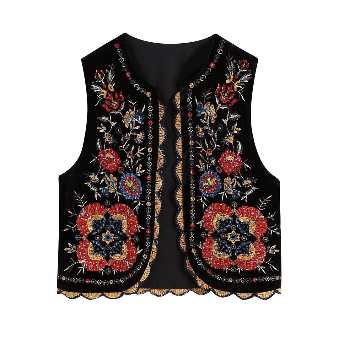 Damen Bestickte Samtweste mit folklorischer Perlenstickerei und gewelltem Saum Drune