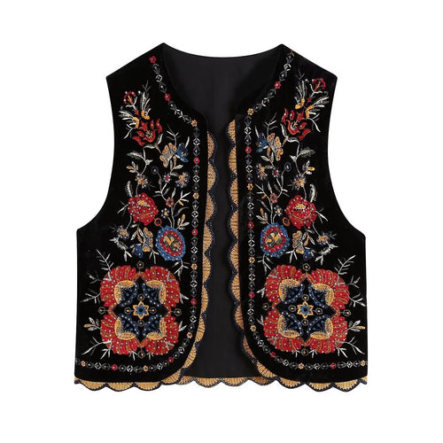 Damen Bestickte Samtweste mit folklorischer Perlenstickerei und gewelltem Saum Drune