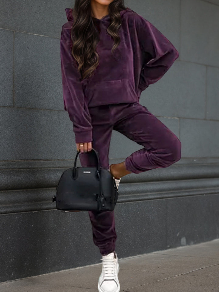 Damen Samt-Jogginganzug mit Kapuzenhoodie, Kängurutasche und elastischer Bündchenhose Drune