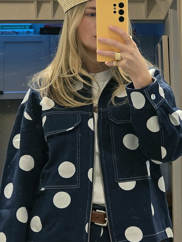 Damen weite Cargo-Hose mit hoher Taille, Punkteprint und sichtbaren Kontrastnähten Drune