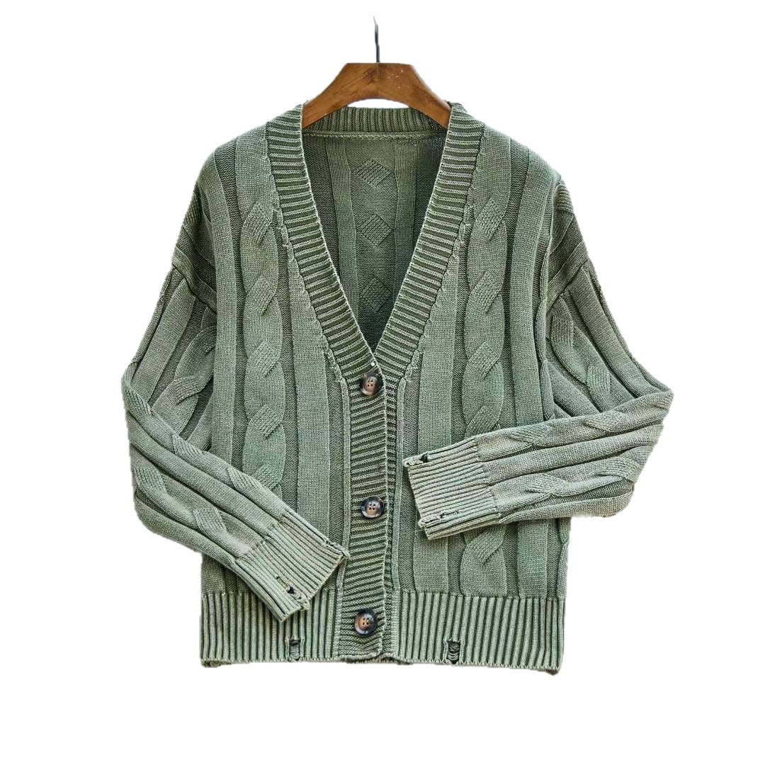 Damen lässiger Strickcardigan mit Zopfmuster und umgeschlagenen Ärmeln Drune