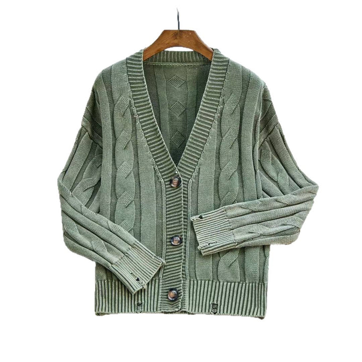 Damen lässiger Strickcardigan mit Zopfmuster und umgeschlagenen Ärmeln Drune