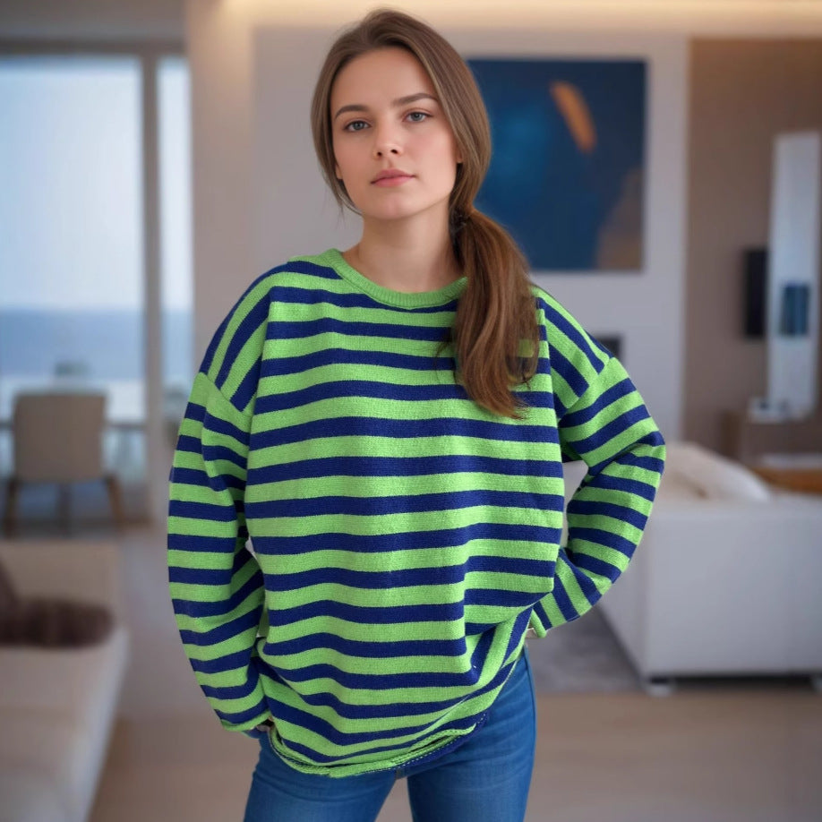 Damen gestrickter Oversized-Pullover mit lässigem Streifenmuster Drune