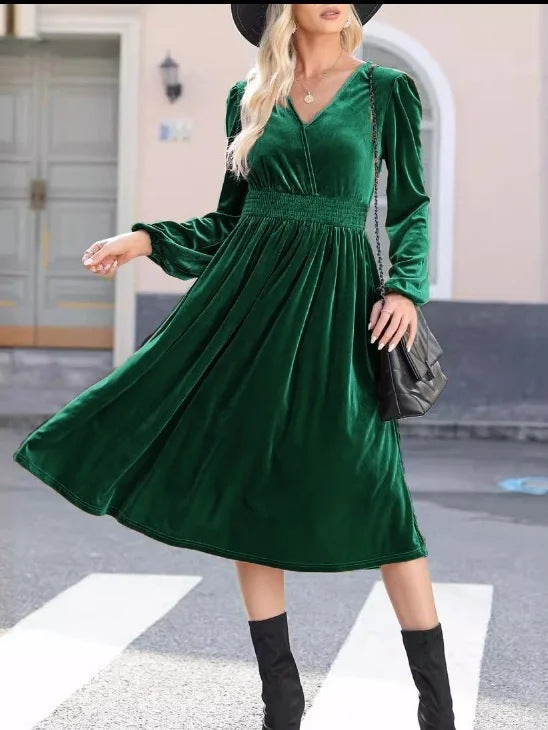 Damen Midikleid aus Samt mit V-Ausschnitt, geraffter Smock-Taille und langen Ballonärmeln Drune
