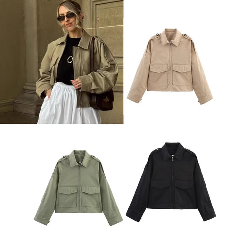 Damen Kurz geschnittene Utility-Jacke im Military‑Look mit Pattentaschen, Schulterklappen und Reißverschluss Drune
