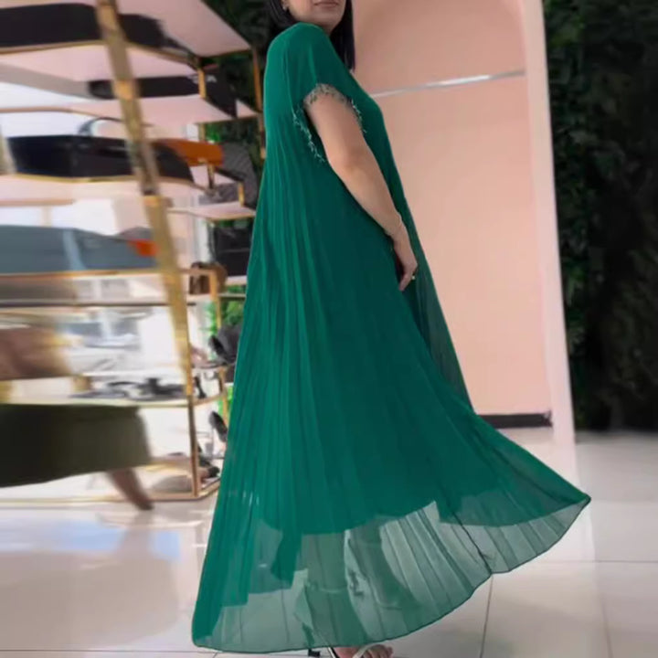 Damen nan elegantes Chiffon-Faltenmaxikleid mit weitem Schwingrock und Quastenärmeln Drune