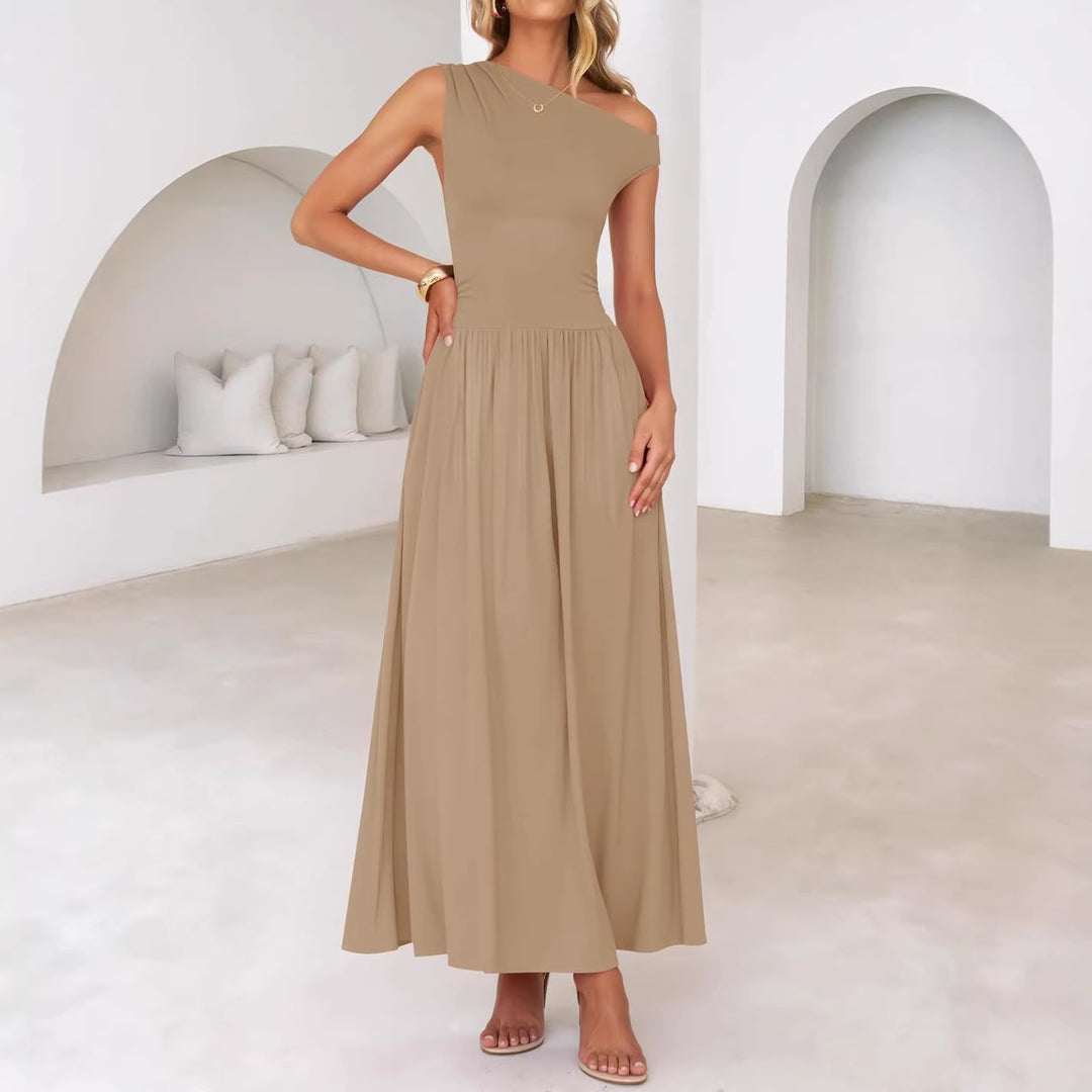 Damen Asymmetrisches Maxikleid mit One-Shoulder, Taillenbetonung und Seitentaschen Drune
