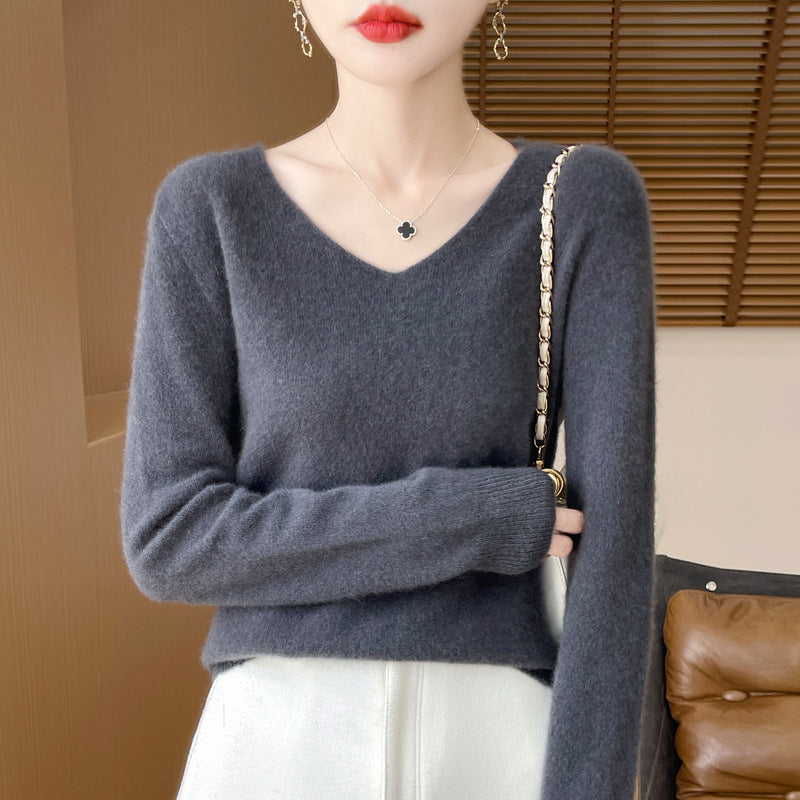 Damen Kuscheliger V‑Ausschnitt Feinstrickpullover aus Mohair‑Mix mit flauschiger Oberfläche Drune