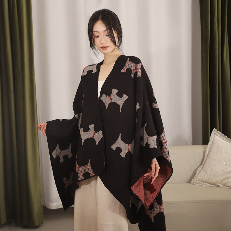 Damen Reversibler Wollmix-Umhang mit Terrier-Jacquardmuster Drune