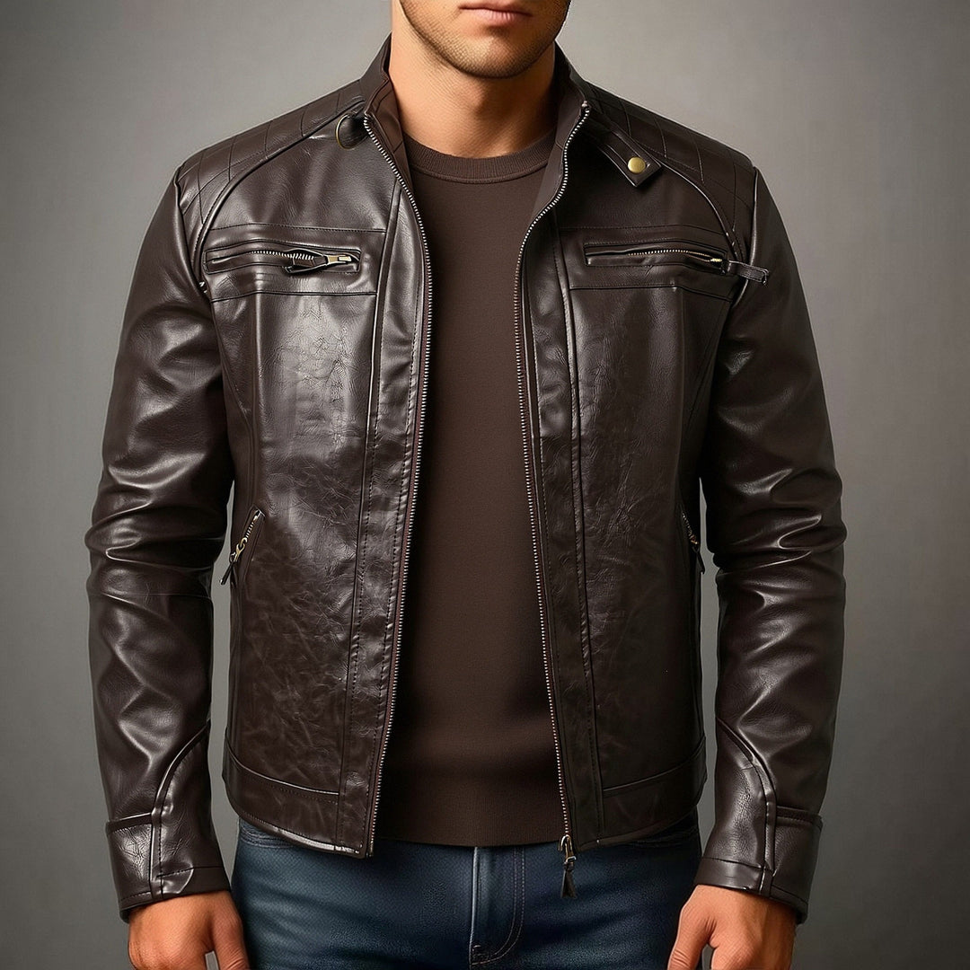 Herren Biker-inspirierte Kunstlederjacke mit Stehkragen, gesteppter Schulterpartie und Reißverschlusstaschen Drune