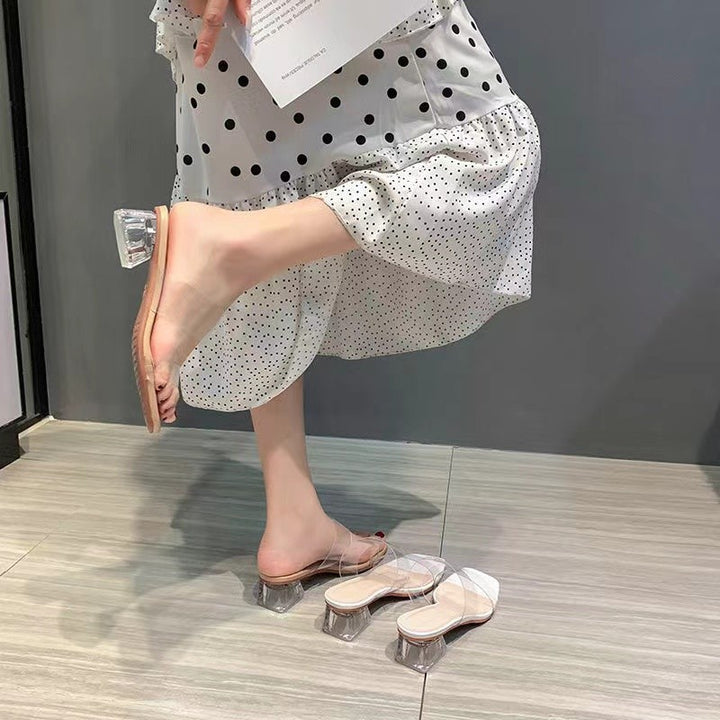 Damen Minimalistische Doppelriemen Mules mit transparentem Obermaterial und geometrischem Blockabsatz Drune