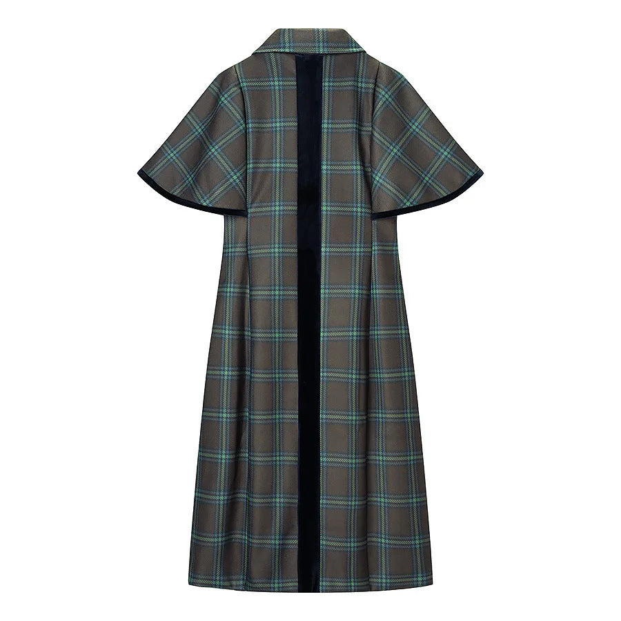 Damen nan langer karierter Cape‑Mantel mit doppellagiger Umhangschulter und Samtkragen Drune