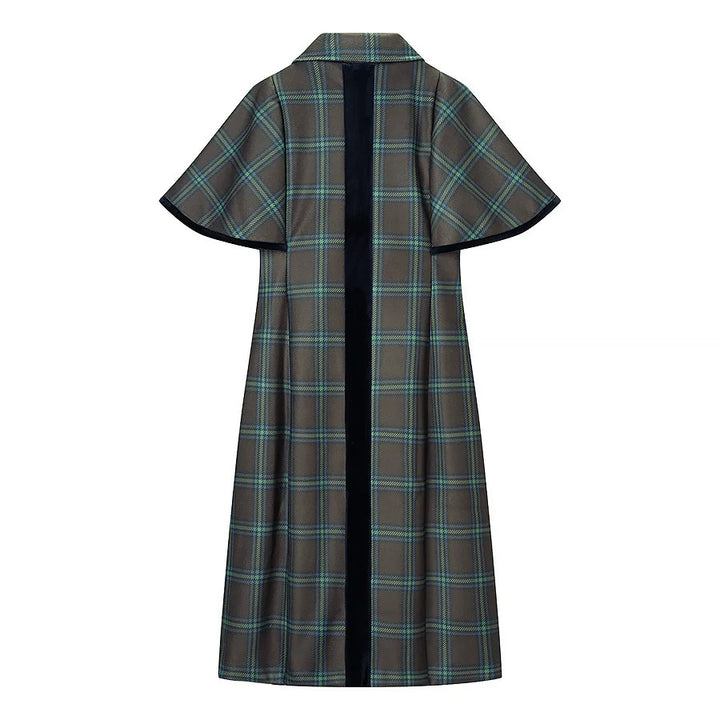 Damen nan langer karierter Cape‑Mantel mit doppellagiger Umhangschulter und Samtkragen Drune