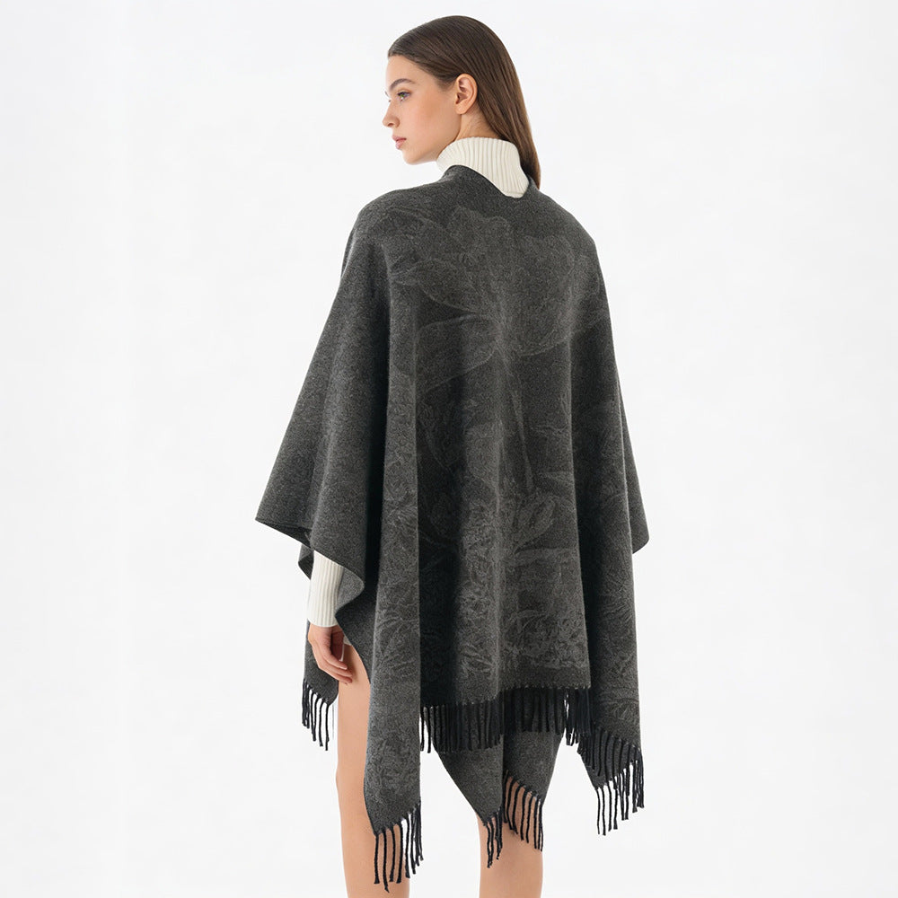 Damen V‑Ausschnitt Cape‑Poncho mit floralem Jacquard und Fransensaum Drune