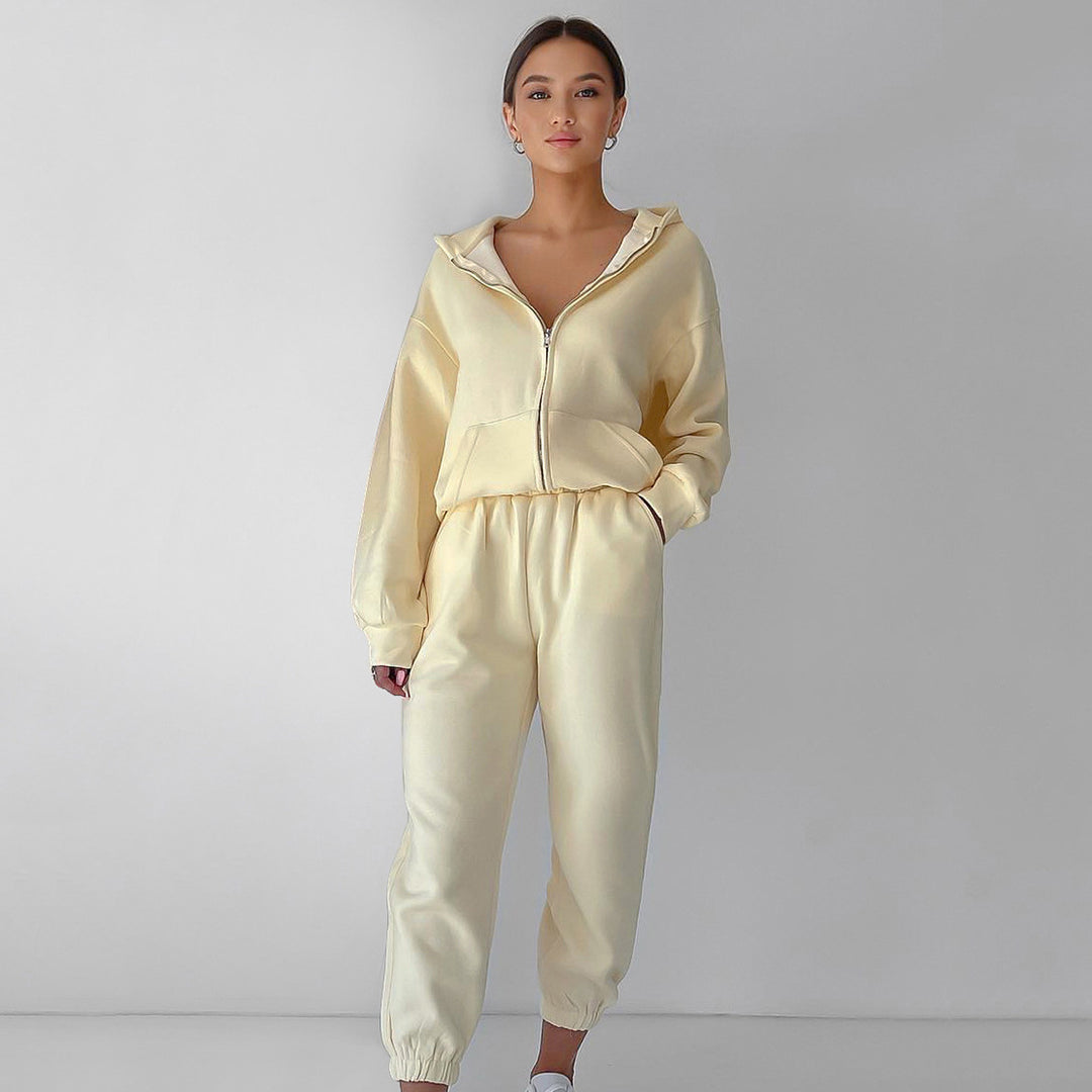 Damen lässiges Fleece-Set mit Kapuze und elastischem Bund Drune