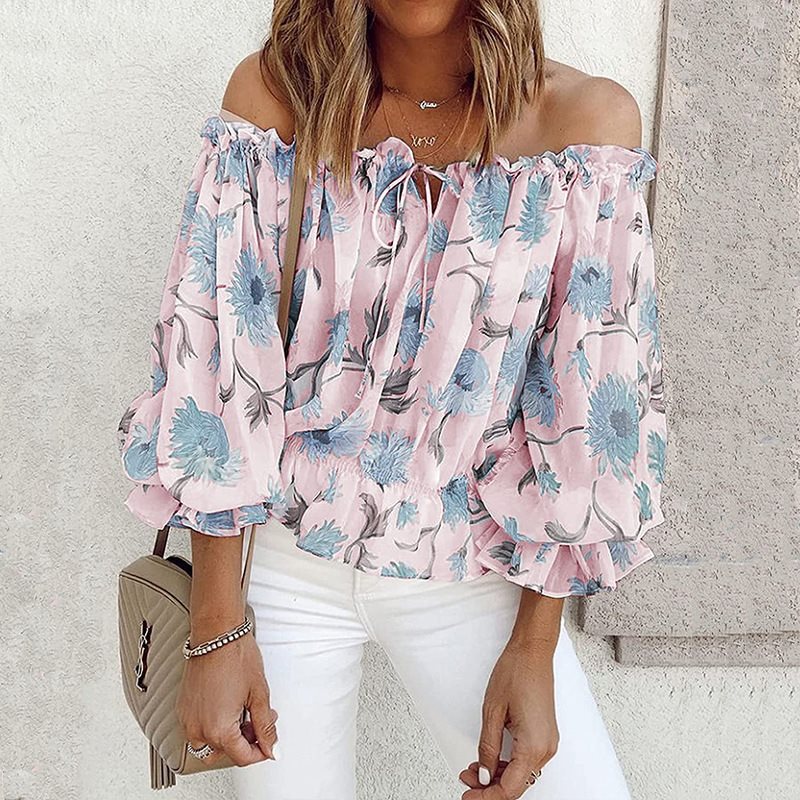 Damen romantische Bluse mit floralem Muster und Volantärmel Drune