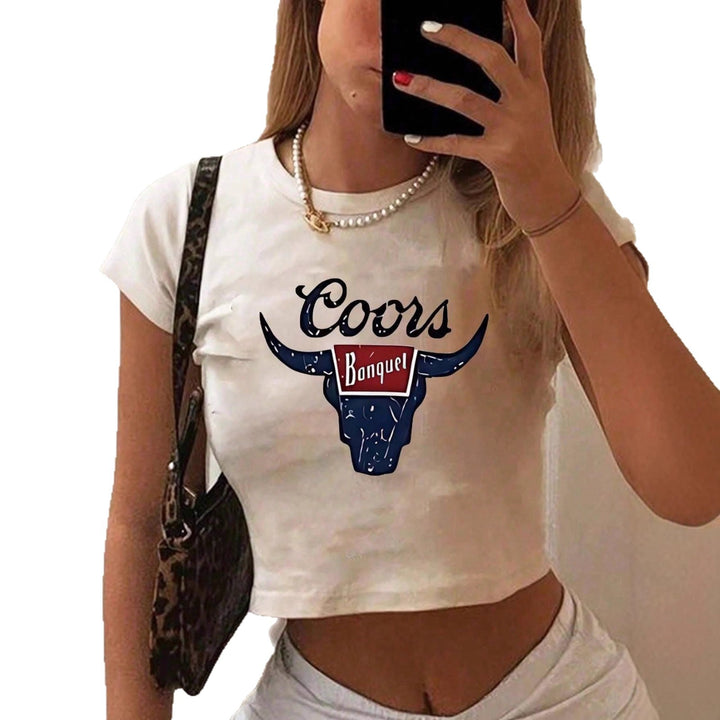 Damen Crop-Top mit kreativem Cow-Motiv und figurbetontem Schnitt Drune