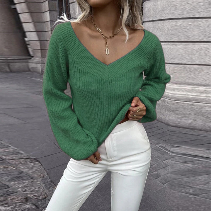 Damen Strickpullover mit V-Ausschnitt und weitem Ärmel Drune