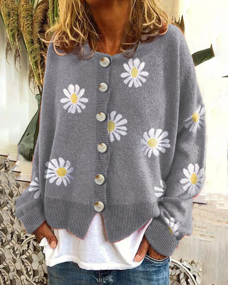 Damen gestreifte Strickjacke mit Blumenmuster Drune