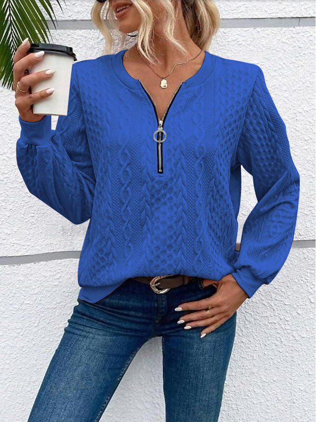 Damen grob strukturiertes Strickpullover mit Kabelmuster, halber Reißverschluss und Ballonärmel Drune