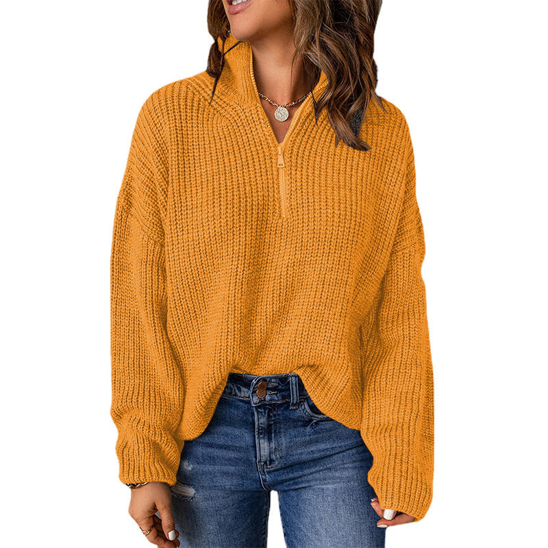 Damen Grober Strickpullover mit Stehkragen und Reißverschluss Drune