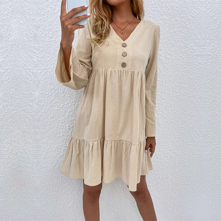Damen V-Ausschnitt Stufenkleid mit Glockenärmeln und Knopfdetail Drune