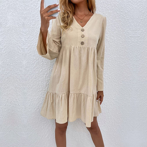Damen V-Ausschnitt Stufenkleid mit Glockenärmeln und Knopfdetail Drune