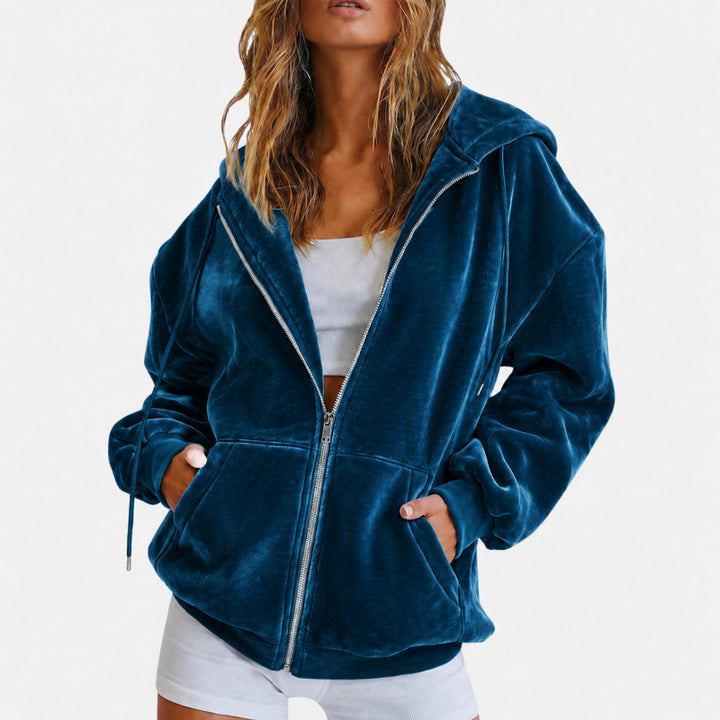 Damen Oversize Velours-Kapuzenjacke mit Reißverschluss Drune