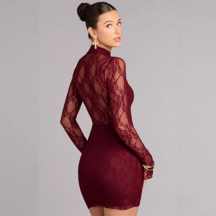 Damen Spitzen Minikleid mit hohem Kragen und schmalen Ärmeln Drune