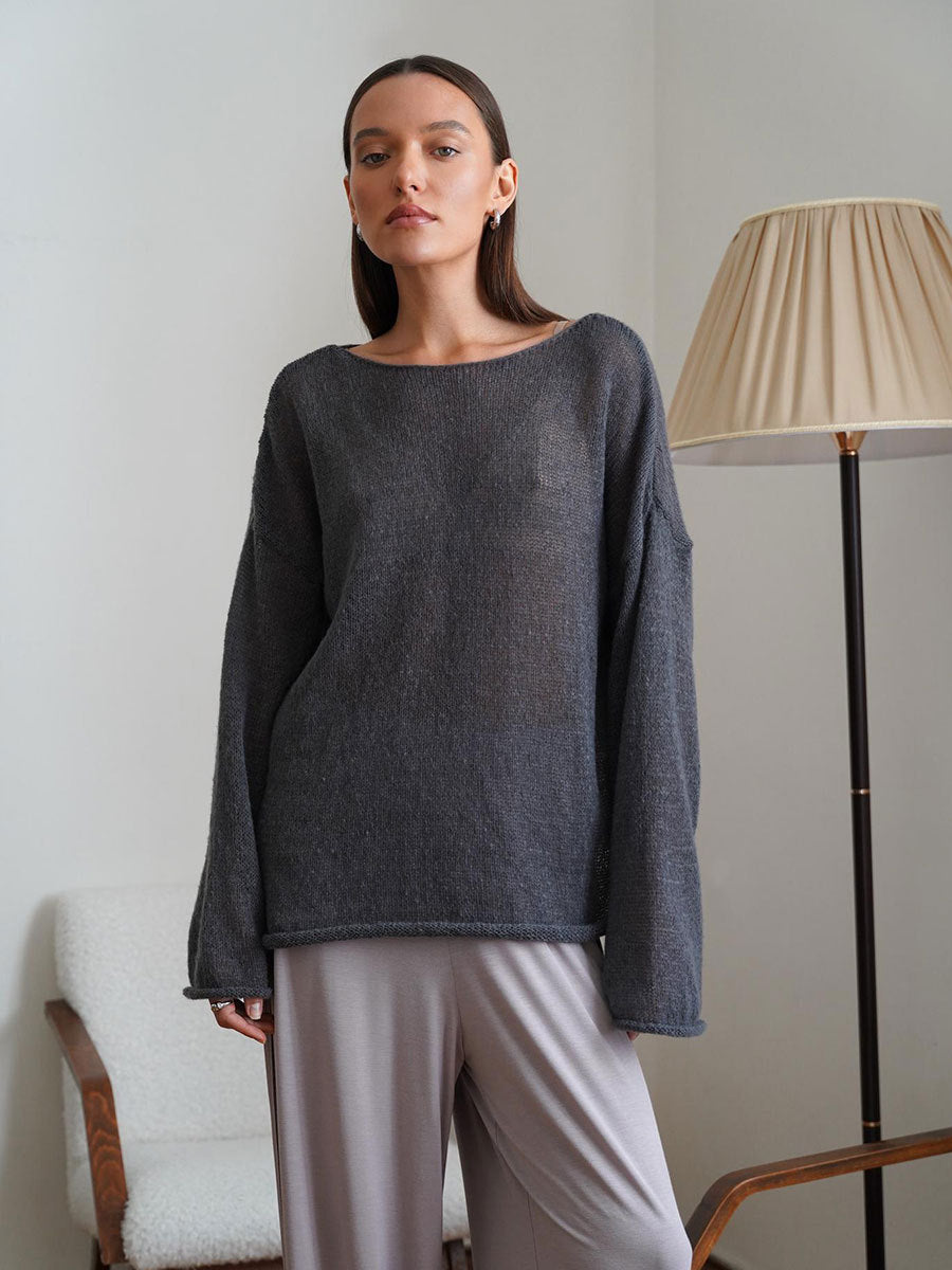 Damen luftiger Strickpullover mit weitem Schnitt und angeschnittenen Ärmeln Drune