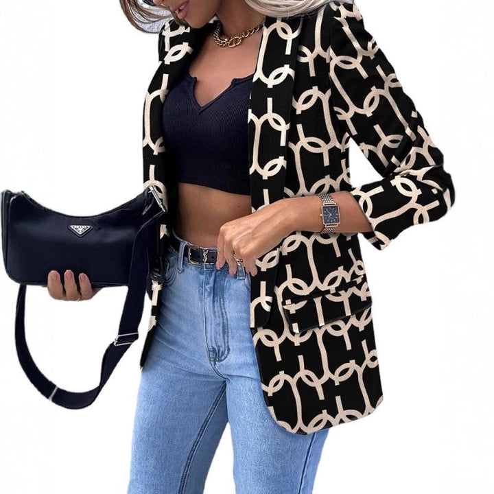 Damen Kariierter Longblazer mit legerer Passform, aufgesetzten Taschen und Dreiviertelärmeln Drune