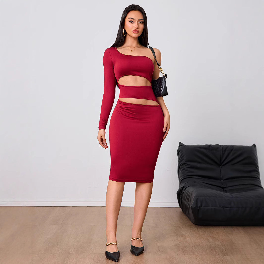 Damen figurbetontes Cut-Out-Midi-Kleid mit asymmetrischem Design und langen Ärmeln Drune
