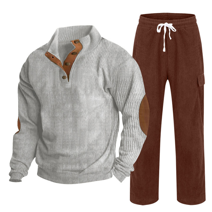 Herren Gemütliches Freizeit-Set aus Waffelstrick-Henley mit Ellenbogenpatch und Relax-Cargo-Hose Drune