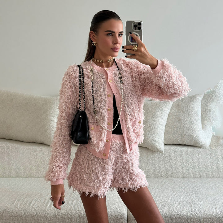 Damen Modisches Strick-Set mit fransigen Details und eleganten Knöpfen Drune