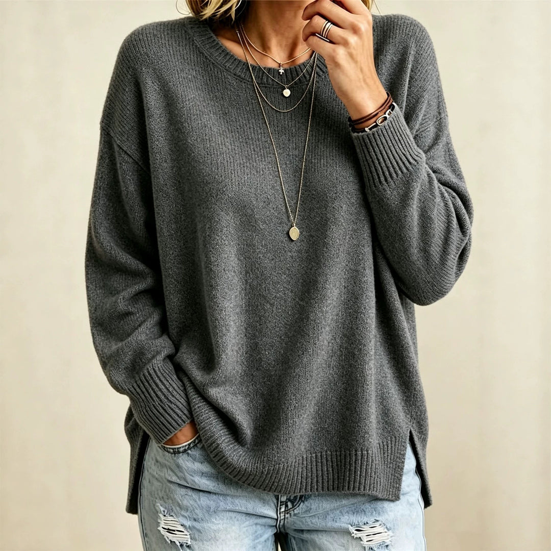 Damen Locker geschnittener Rundhals-Feinstrickpullover mit Seitenschlitzen und gerippten Bündchen Drune