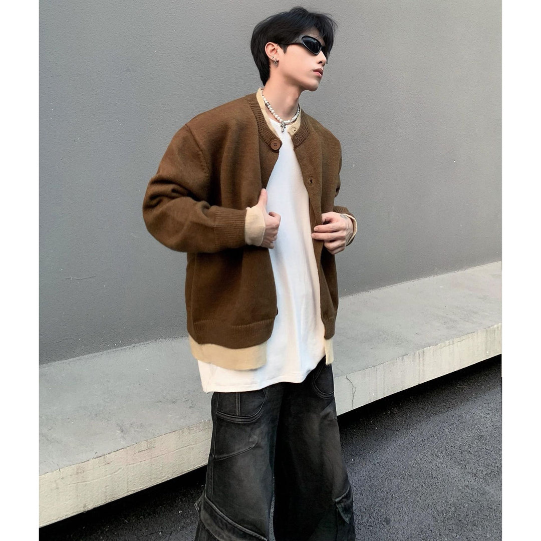 Herren Modische Strickjacke mit Knöpfen und kontrastierenden Ärmeln Drune