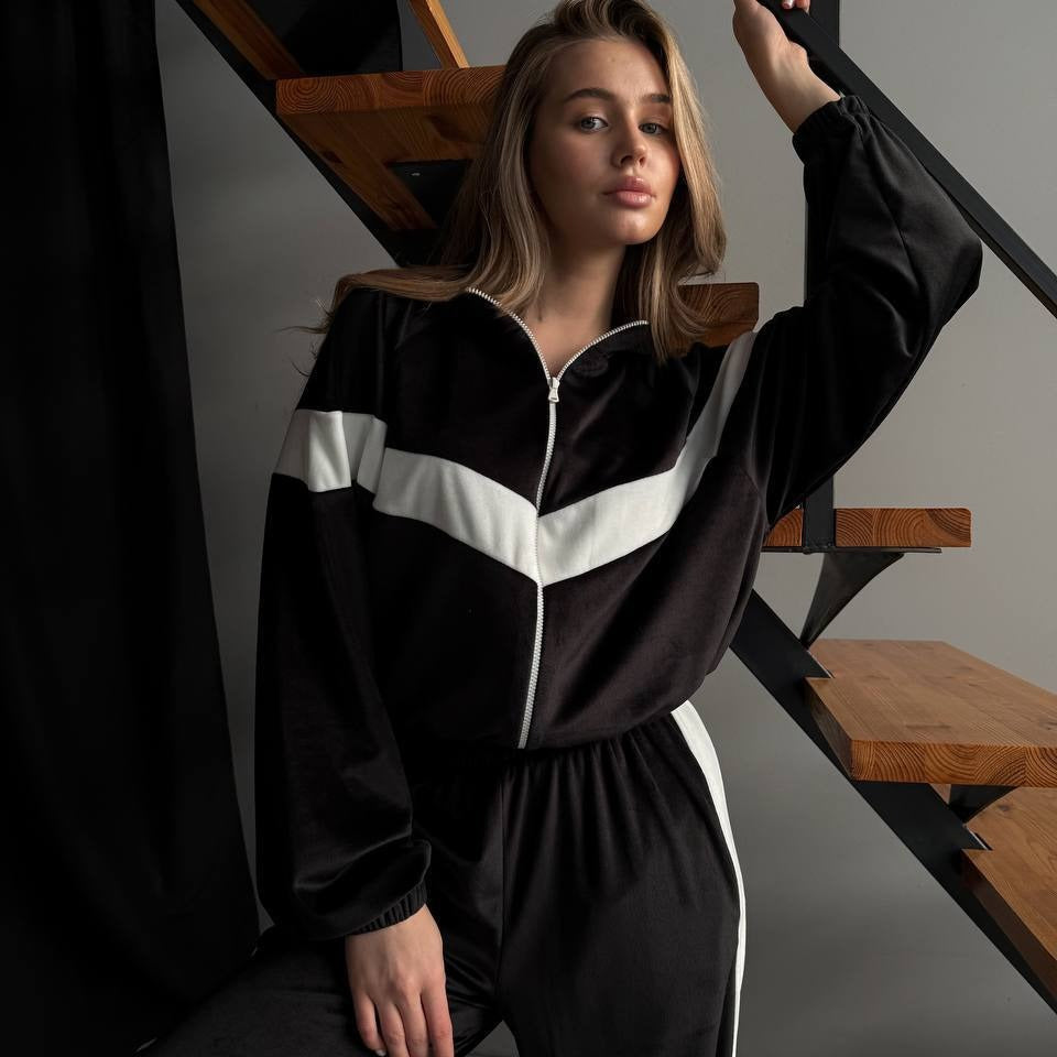 Damen Plüschiges Velours-Loungewear-Set mit Reißverschlussjacke und elastischem Taillenbund Drune