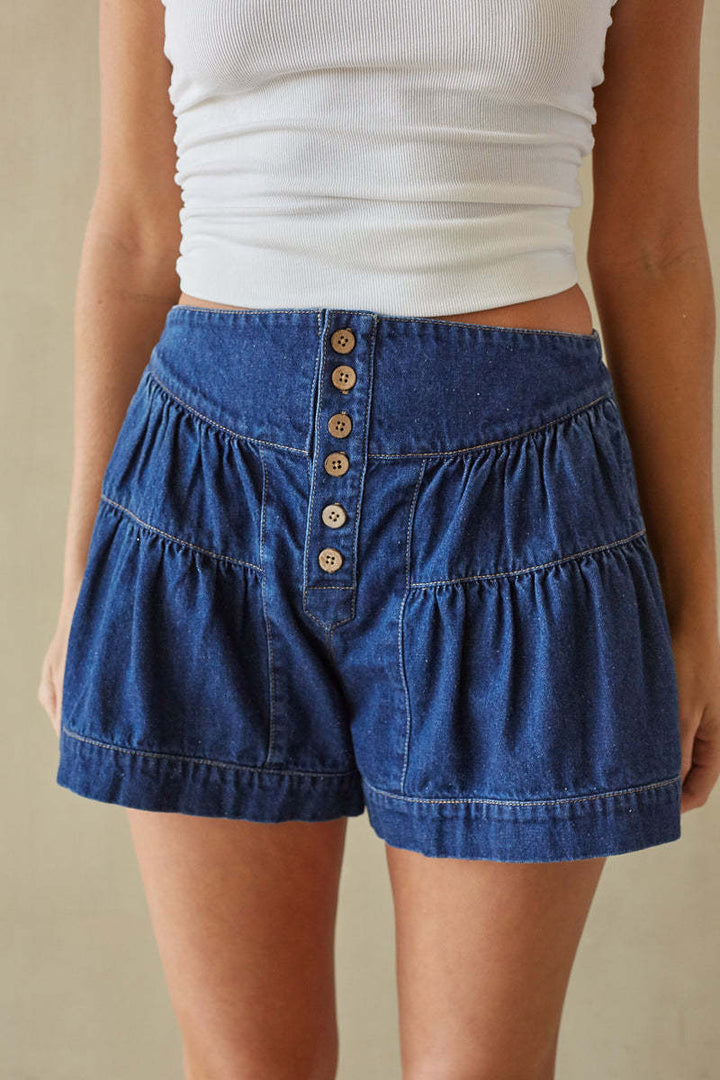 Damen Modische Denim-Shorts mit Rüschen und Knopfdetails Drune