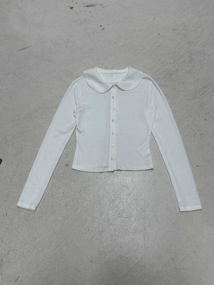 Damen Langarm-Crop-Top mit stilvollem Kragen und Knopfleiste Drune