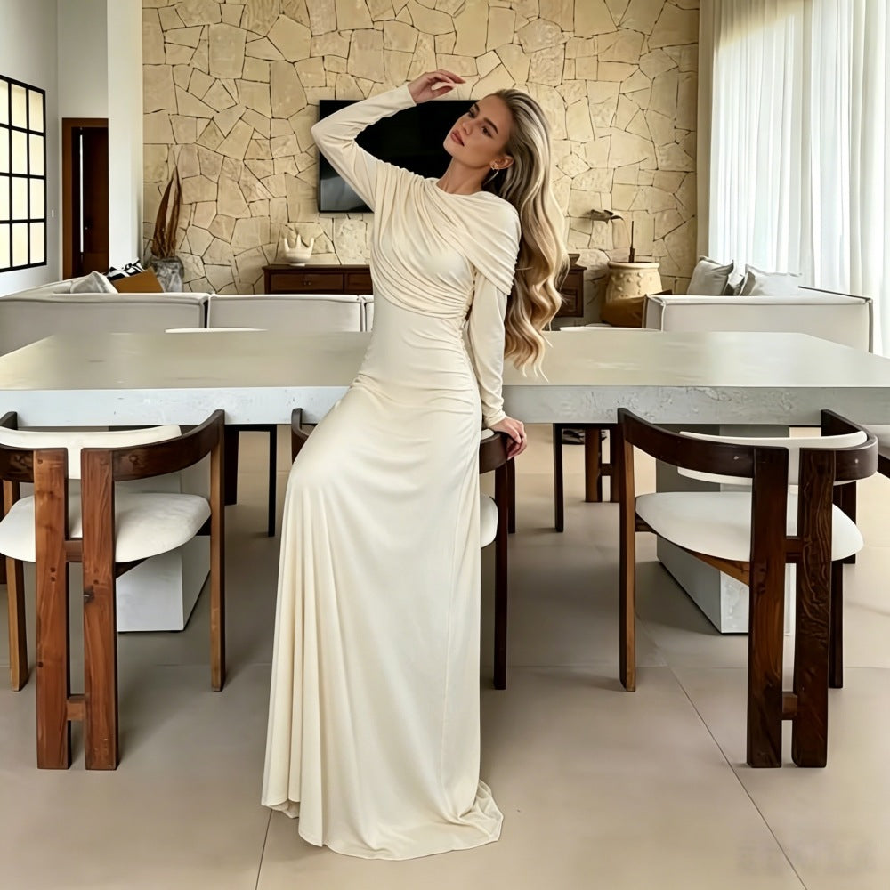 Damen Maxikleid mit Cape‑Drapierung und tailliertem Schnitt Drune